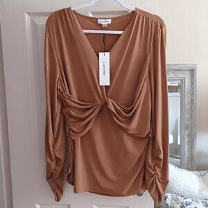 Calvin Klein Crepe V-Neck Long Sleeve Twist Front Blouse XL Luggage Camel NWT
